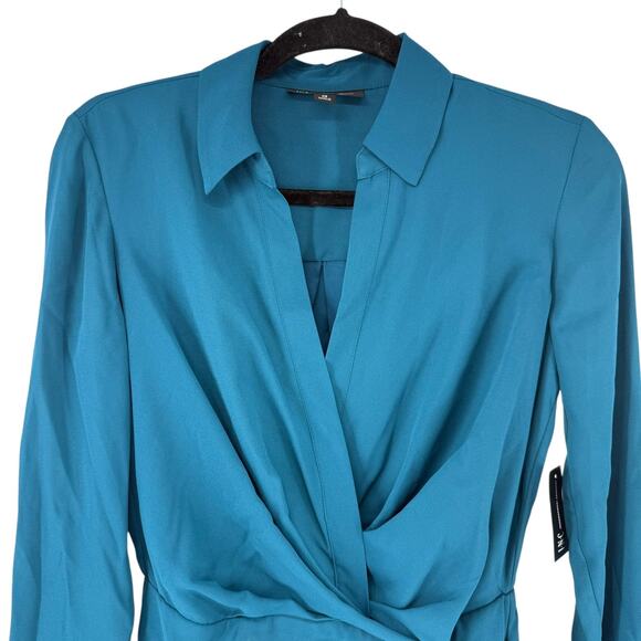 INC Dress Long Sleeve Size XS Mosaic Green Collared Faux Wrap V Neck NEW Draped - Picture 2 of 11